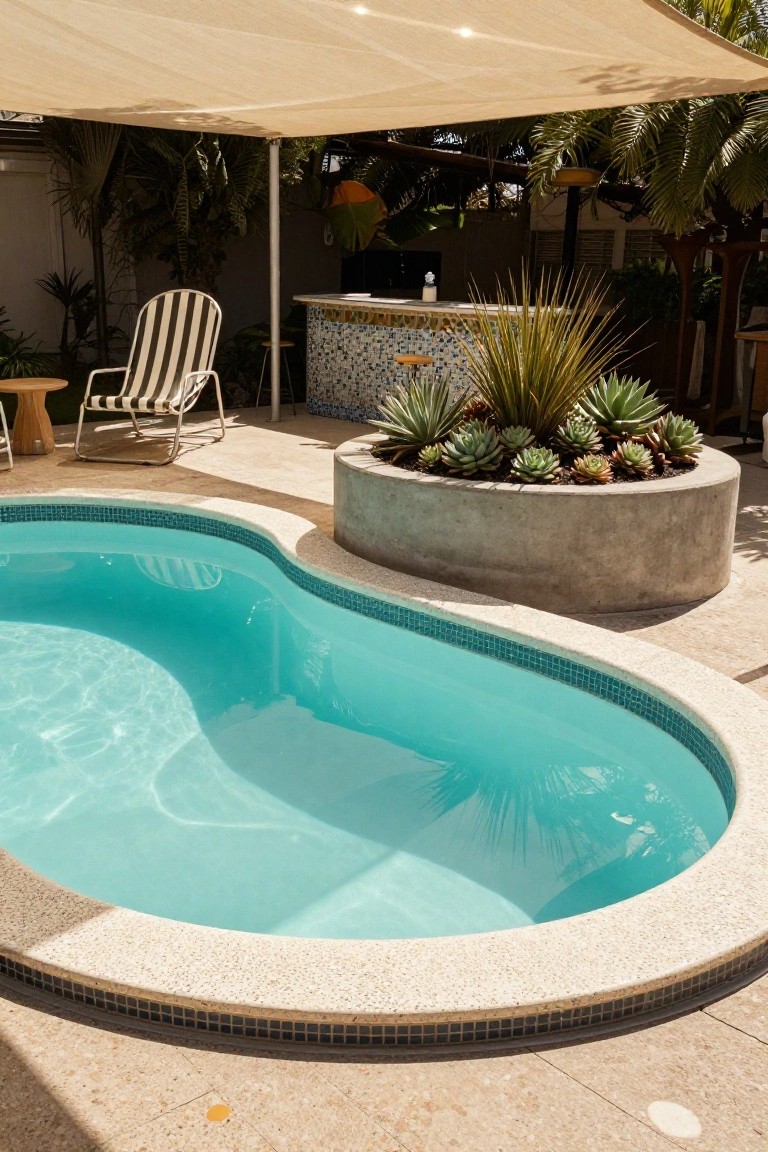 A turquoise kidney-shaped fiberglass pool with blue mosaic tile edging next to a large round concrete planter filled with succulents, a striped lounge chair, small bar, and shade sail in a tropical backyard.