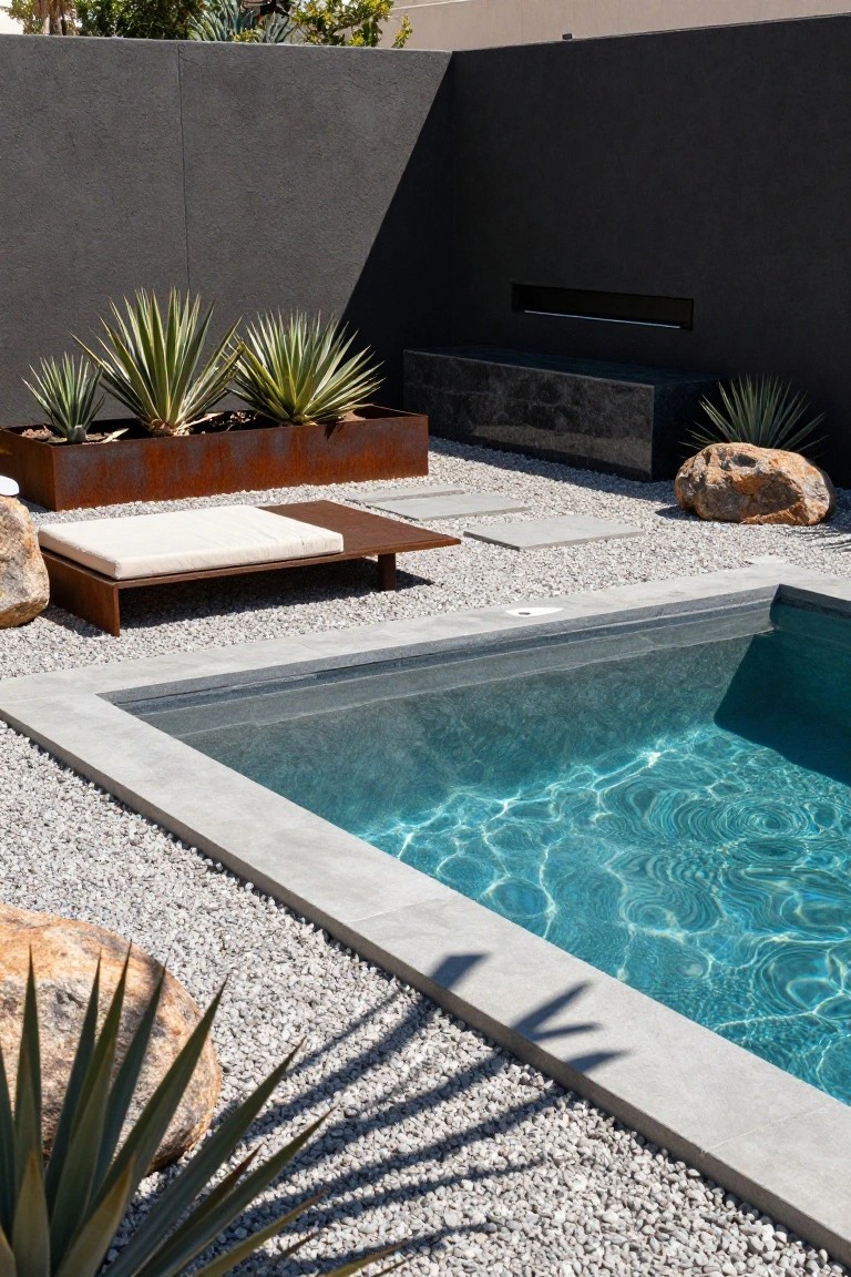 Small rectangular pool with turquoise water edged in gray concrete, surrounded by white pebble gravel, large rocks, agave plants in rusted metal containers, a low wooden daybed, stepping stones, and a linear fire feature against a dark wall.