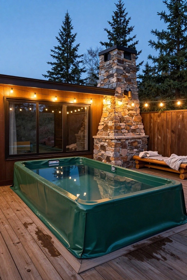 Green canvas-covered rectangular fiberglass hot tub on a wooden deck adjacent to a tall stone outdoor fireplace, with string lights strung above, a wooden bench with blankets nearby, large house windows behind, and evergreen trees around at dusk.