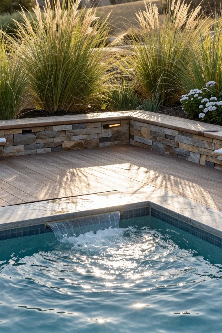 Corner of a blue-tiled fiberglass pool with an elevated spa featuring a cascading waterfall into the pool, bordered by wooden decking, stone retaining walls, ornamental grasses, and white flowers.