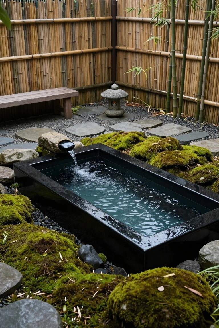 Rectangular black pool basin in a Japanese-style garden with moss-covered rocks, stone water spout, stepping stones, bamboo fence, wooden bench, and stone lantern.