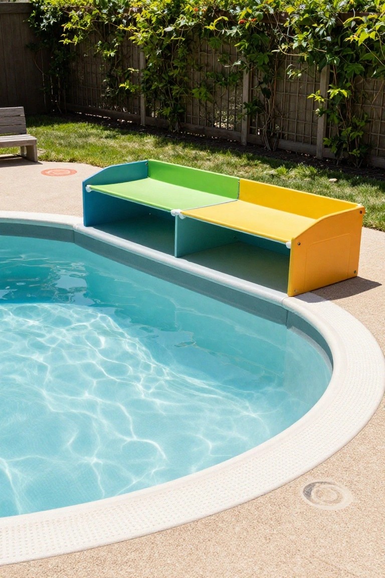 Oval fiberglass pool in a backyard with a modular colorful bench structure in green, lime green, and orange at the edge, wooden fence with vines in background, grass, and a wooden bench nearby.