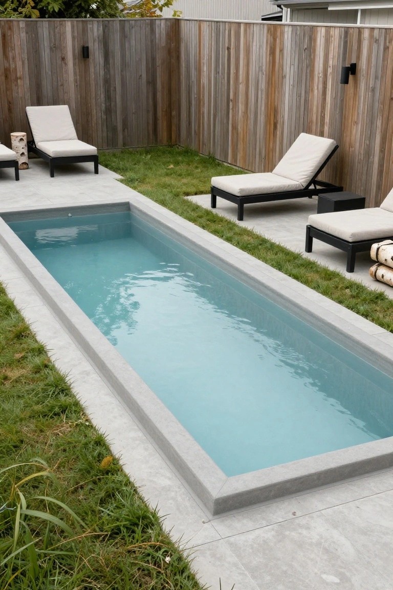 Narrow rectangular fiberglass pool with turquoise water and grey concrete surround in a grassy backyard enclosed by wooden fence, with several beige lounge chairs on black frames nearby.