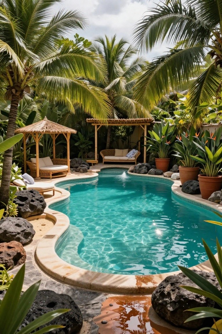 Curved turquoise pool edged with black lava rocks and boulders, surrounded by tropical plants, palm trees, potted bird-of-paradise flowers, and wooden thatched-roof cabanas with cushioned loungers.