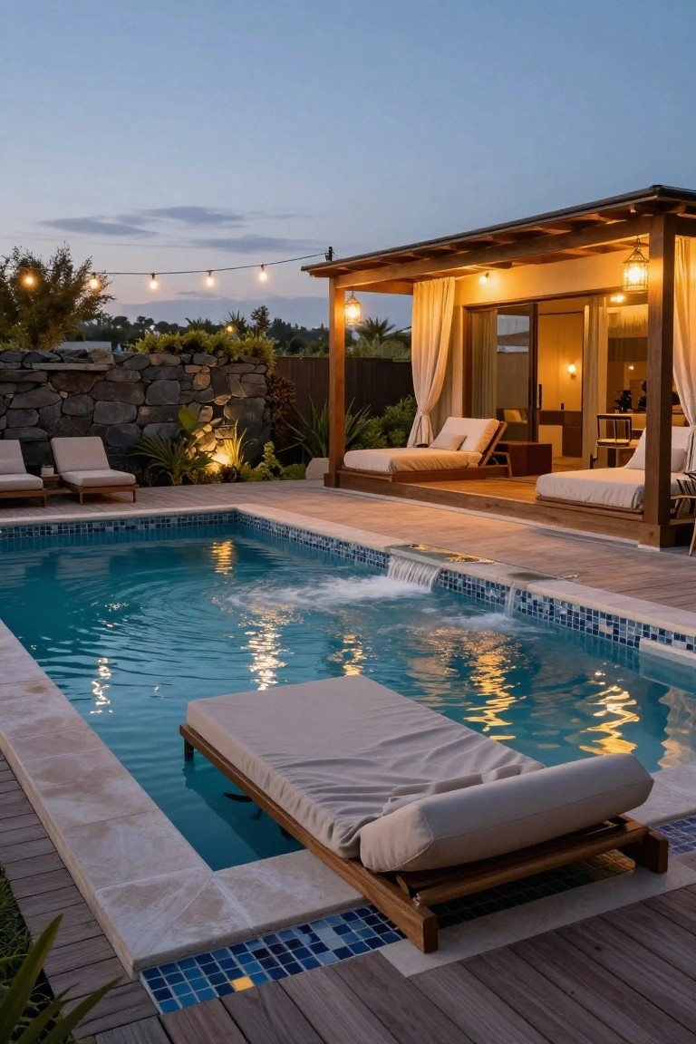 Rectangular pool with blue mosaic tile edges and stone coping, a beige chaise lounge positioned at the water's edge on a wooden deck at dusk, surrounded by plants, stone walls, additional loungers, and a wooden pergola structure with curtains and seating.