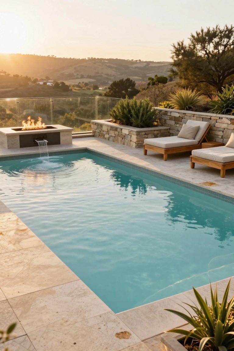 Rectangular turquoise pool with black linear fire pit at one end featuring flames and waterfall cascading into the water, teak lounge chairs on travertine decking, stone walls, glass railing overlooking hills at sunset.