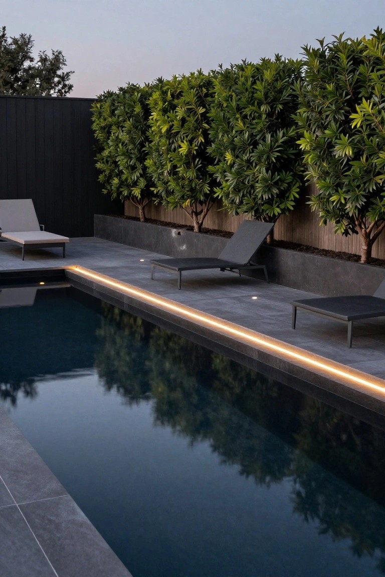 Rectangular pool at dusk with thin yellow LED strip lighting along the upper edge, reflecting in dark water, black sun loungers on dark gray tiled deck, surrounded by green hedges and black wooden fence.