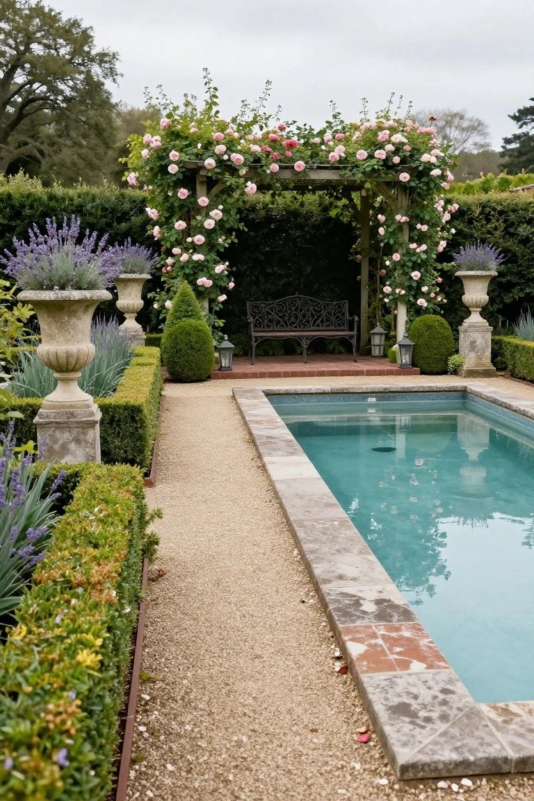 Small rectangular turquoise pool with stone coping and gravel path leading to black metal bench under pink rose-covered wooden pergola arch, surrounded by lavender in stone urns, boxwood hedges, and garden plantings.