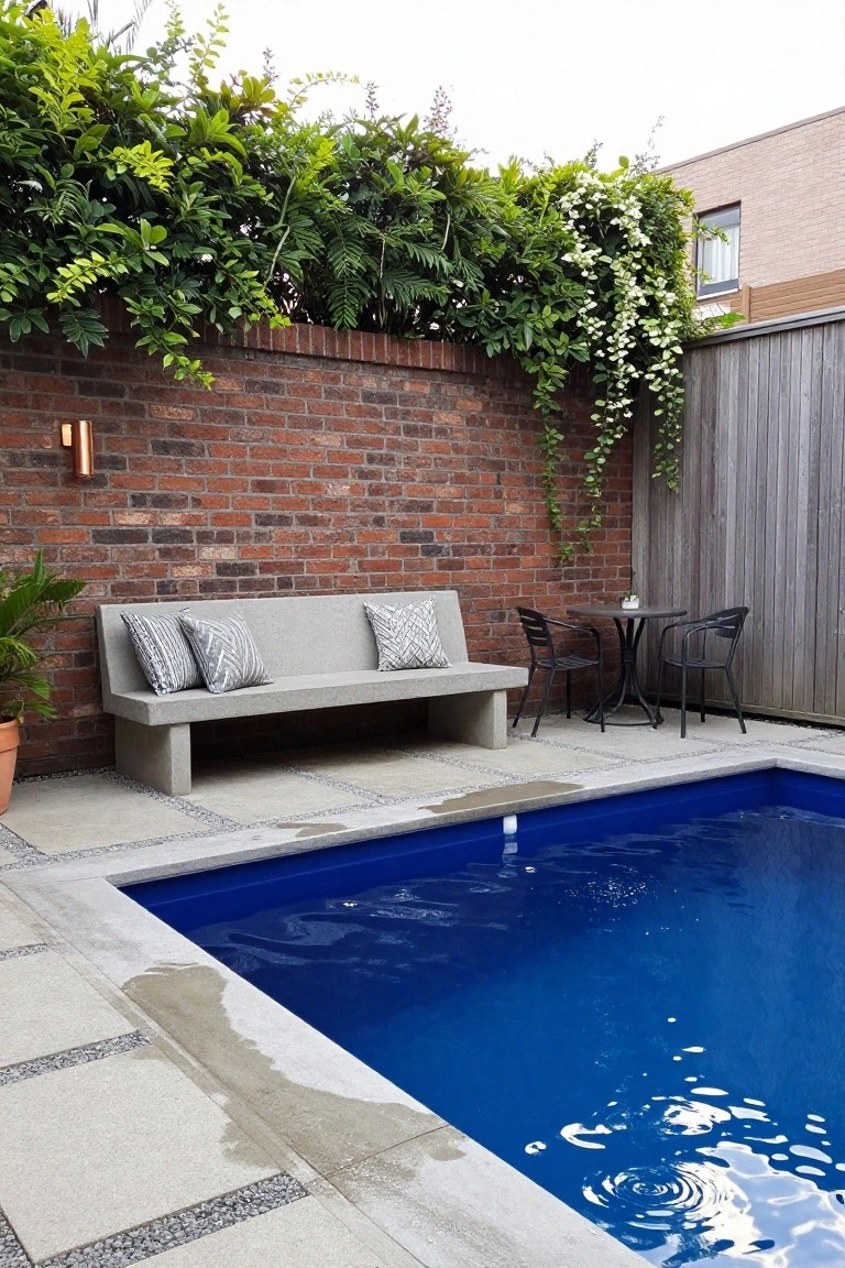 Blue fiberglass pool with gray concrete bench holding patterned pillows, black metal bistro table and chairs, potted palm plant, brick wall with green vines and plants, and wooden fence in a paved courtyard.