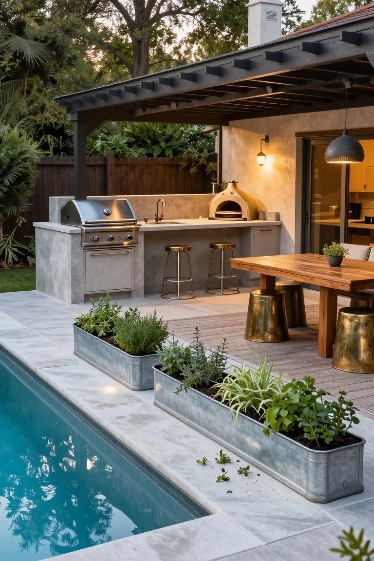 Outdoor kitchen with concrete counters, stainless steel grill, sink, pizza oven, and two bar stools next to a rectangular blue fiberglass pool, with a wooden dining table, stools, and metal planters containing herbs on a tiled patio under a pergola.