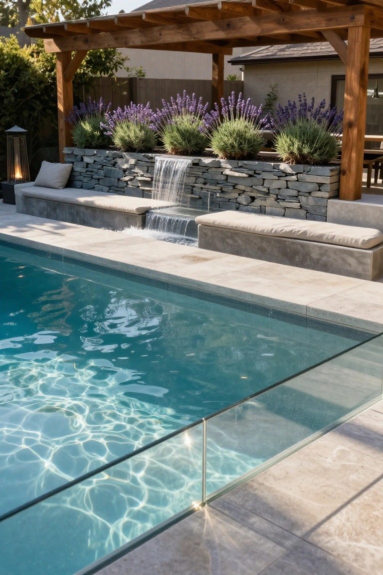 Stone wall with waterfall flowing into turquoise fiberglass pool, built-in bench seating with cushions, lavender plants in planters under wooden pergola, and glass pool fencing.