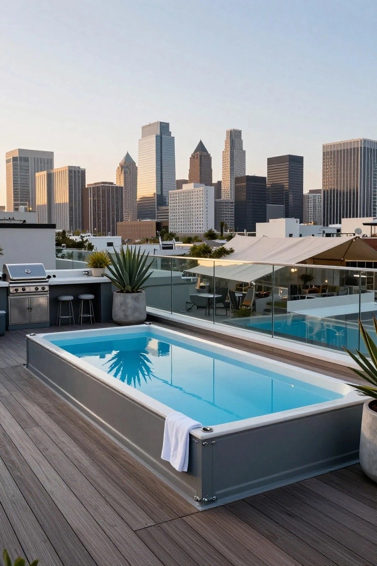 Rooftop deck with rectangular fiberglass pool in gray frame and blue water, wood decking, built-in BBQ counter with stools, potted plants, umbrellas, glass railing, and city skyline at sunset.