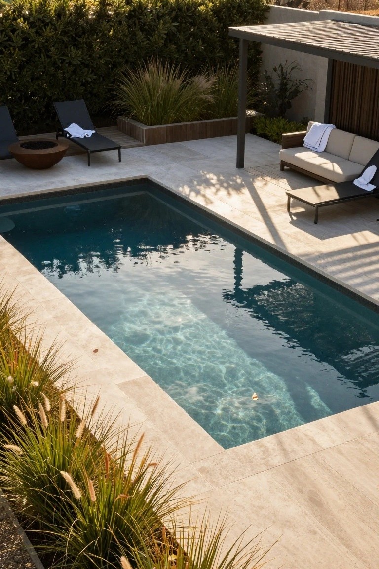 Overhead view of a rectangular blue pool on a light beige stone deck, with black lounge chairs, beige outdoor sofa, fire pit, and ornamental grasses nearby under a wooden pergola.
