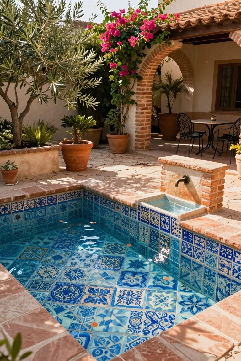 Small rectangular fiberglass pool with intricate blue patterned tiles in a terracotta-paved courtyard, surrounded by potted plants, an olive tree, bougainvillea vines on an arched wall, a brick fountain, and metal outdoor furniture.