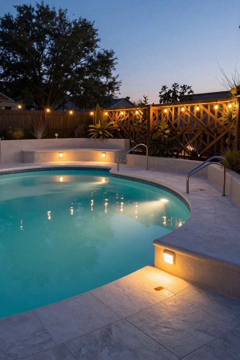 Curved in-ground pool at twilight with glowing underwater lights, recessed deck lights along travertine pavers, string lights on wooden lattice fence, potted plants, and built-in bench nearby.