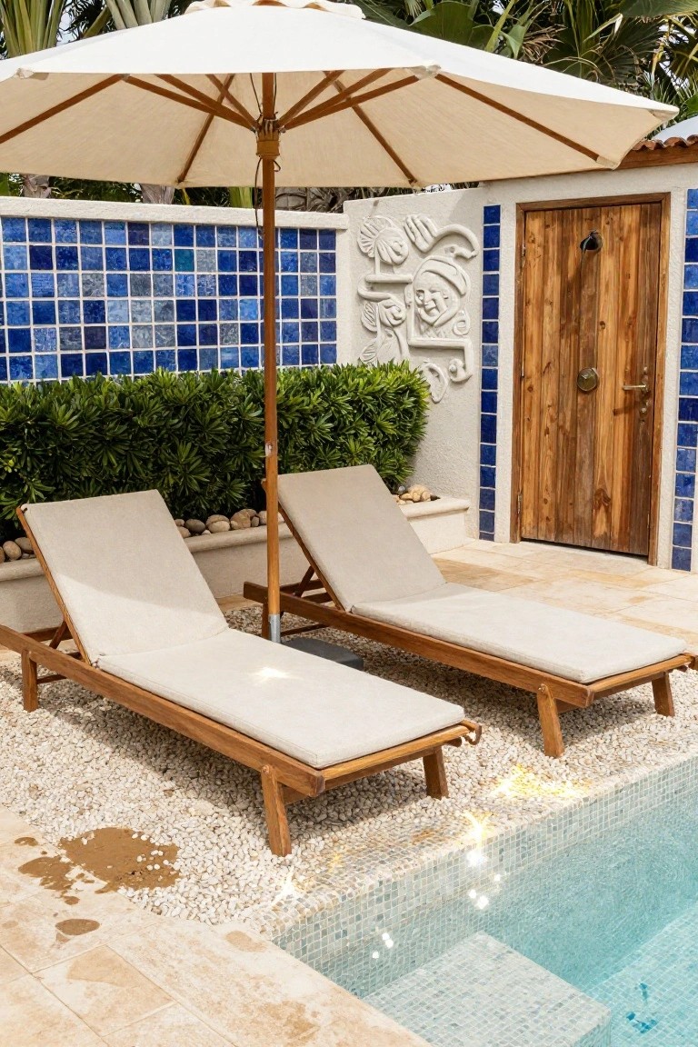 Two wooden lounge chairs with beige cushions positioned by a small pool edged in iridescent tiles, under a white umbrella next to a wall of blue mosaic tiles with carved white stucco sculptures and a wooden door, on pebble ground with green shrubs and palm trees.