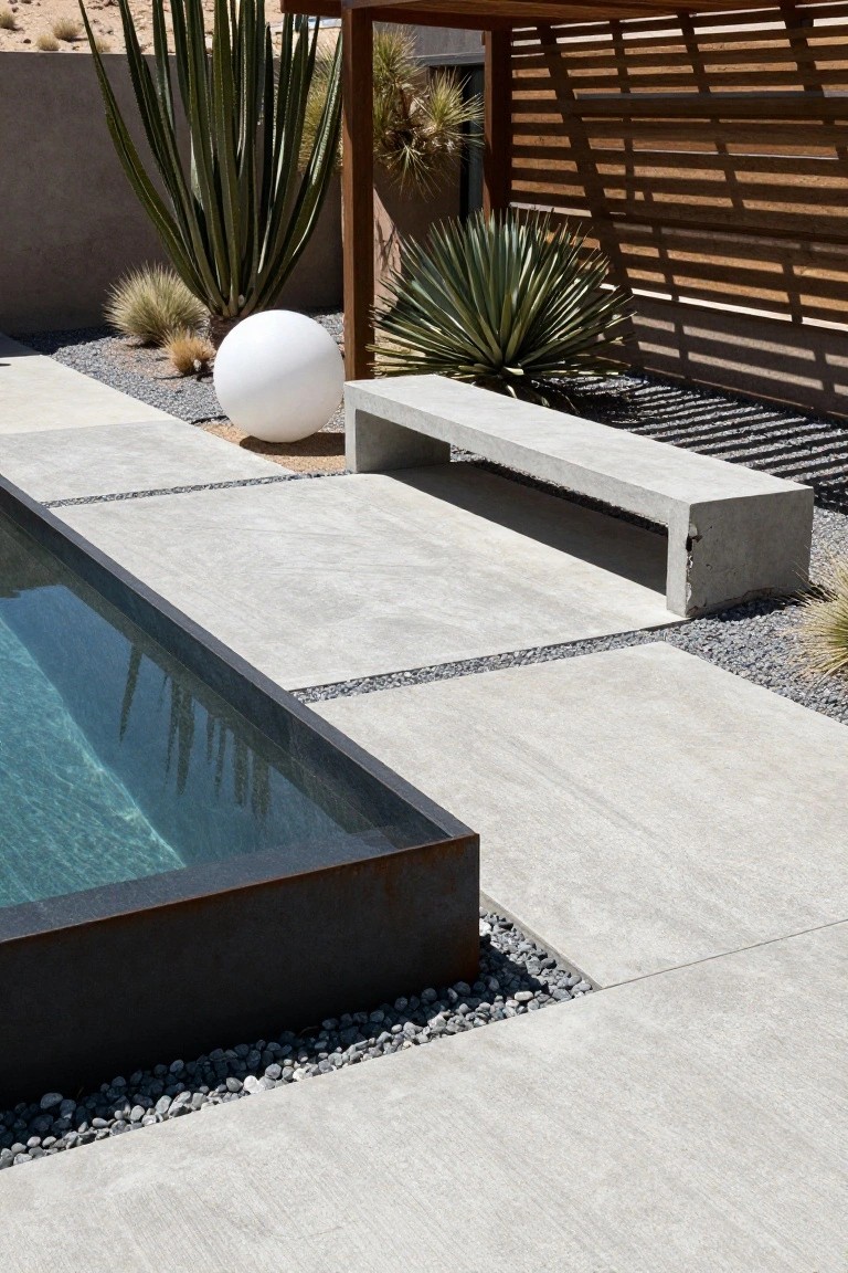 Polished concrete deck surrounding a rectangular pool with black metal edging, featuring a concrete bench, white spherical orb, desert plants including tall cacti and agave, and gravel mulch under a wooden slat pergola.