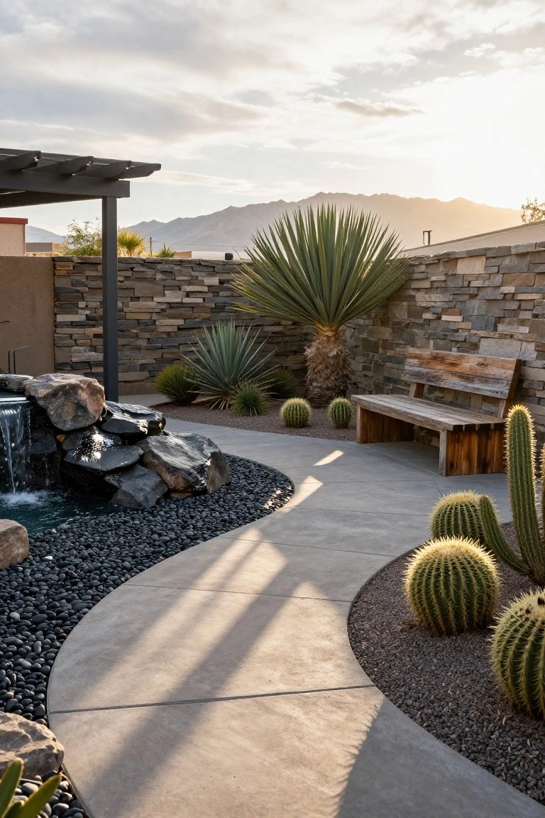 Curved concrete walkway bordered by black gravel and rocks around a small pool with boulder waterfall, surrounded by agave, yucca, fan palm, and barrel cactus plants, wooden bench against stacked stone wall in desert backyard at sunset.