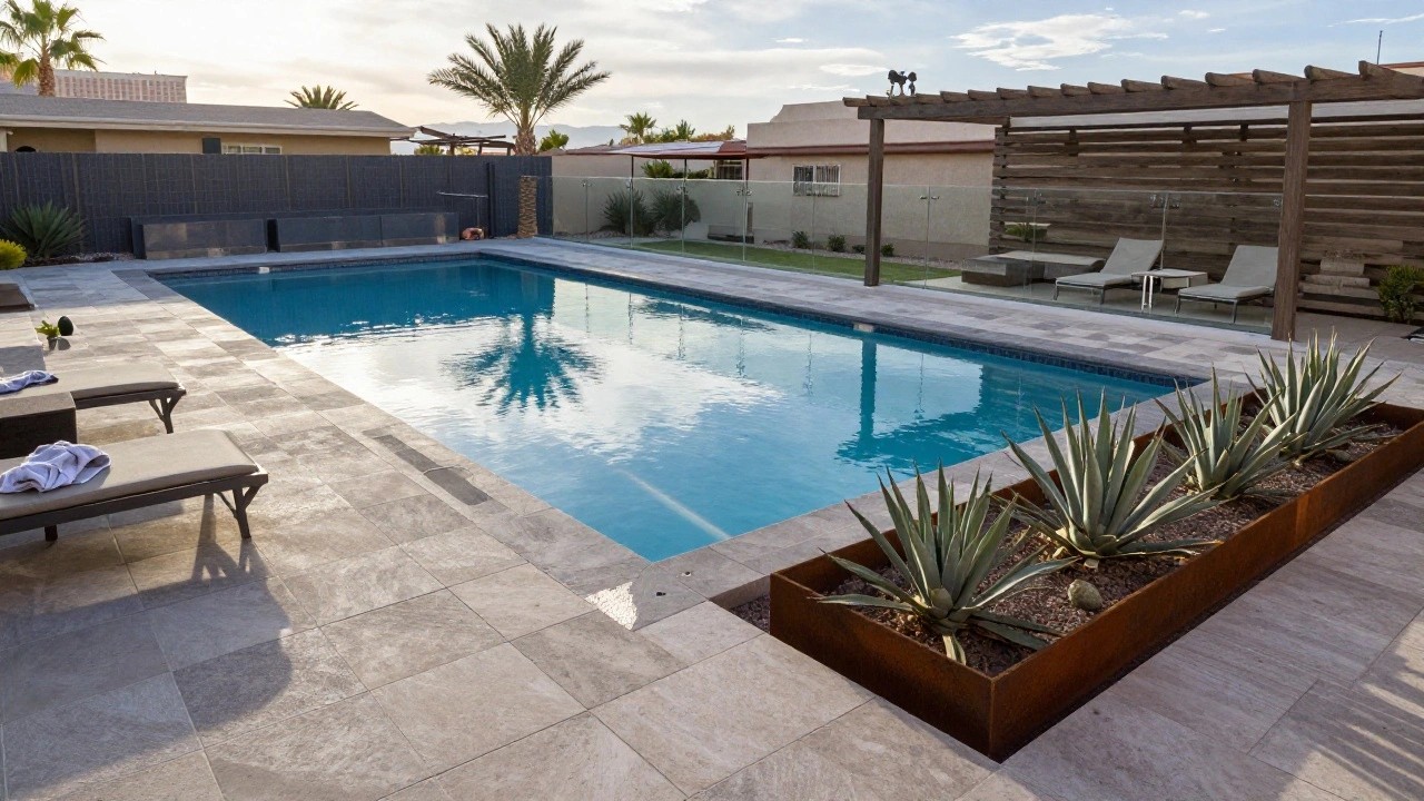 A rectangular pool with blue mosaic tiles and a glass edge railing, surrounded by light beige travertine pavers, two beige lounge chairs with towels, raised beds of agave plants, palm trees, and modern buildings under a partly cloudy sky.