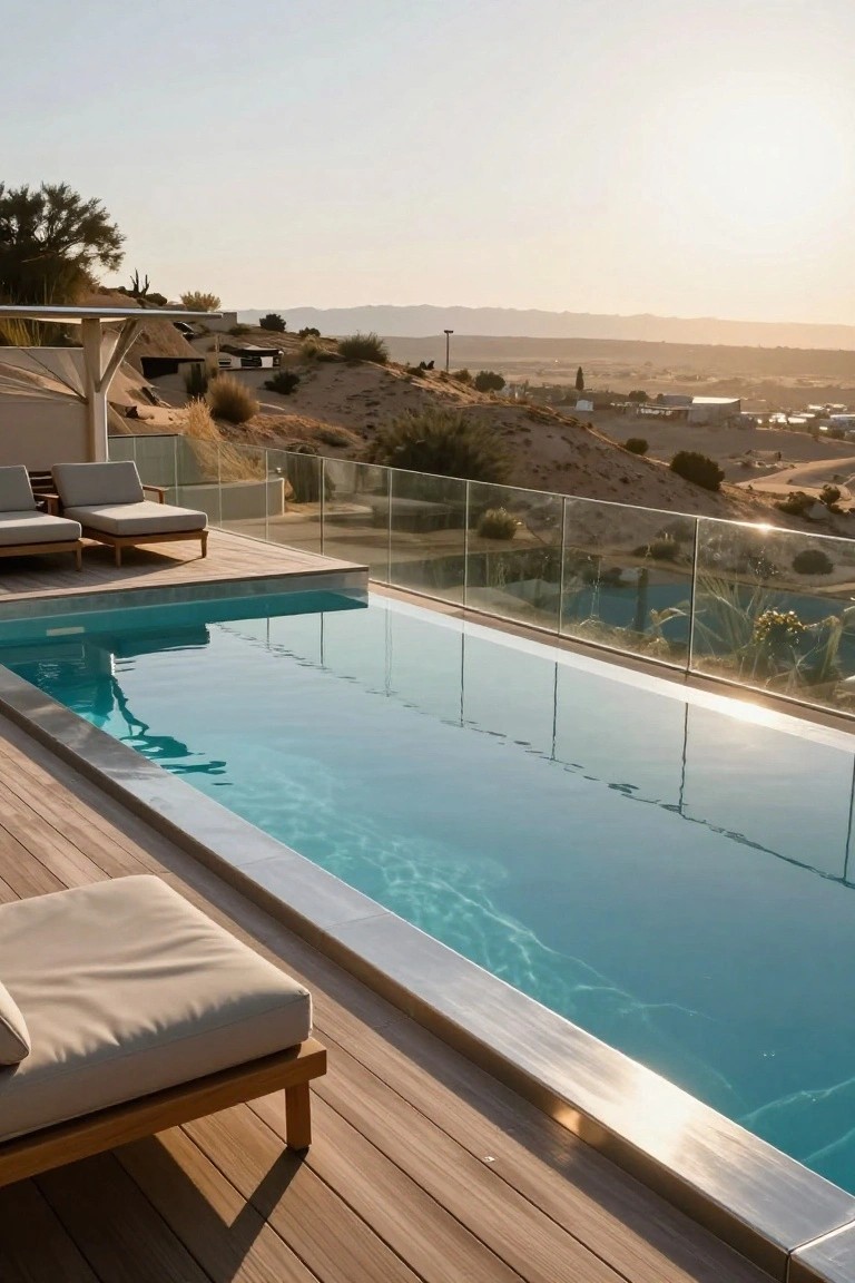 Elevated wooden deck with infinity edge swimming pool overlooking arid desert landscape and distant mountains at sunset, lounge chairs nearby, and glass railing along the edge.