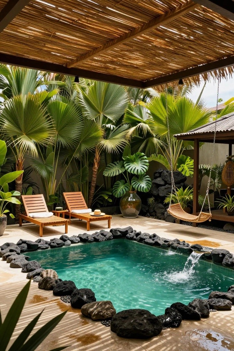 Small turquoise plunge pool edged with black lava rocks and surrounded by tropical palms, large-leaf plants, wooden lounge chairs, a hammock swing, and a thatched roof structure.