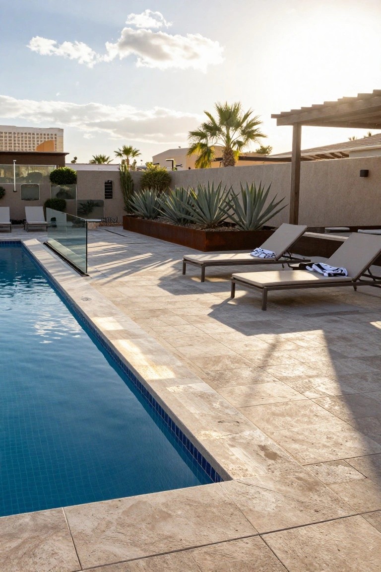 A rectangular pool with blue mosaic tiles and a glass edge railing, surrounded by light beige travertine pavers, two beige lounge chairs with towels, raised beds of agave plants, palm trees, and modern buildings under a partly cloudy sky.