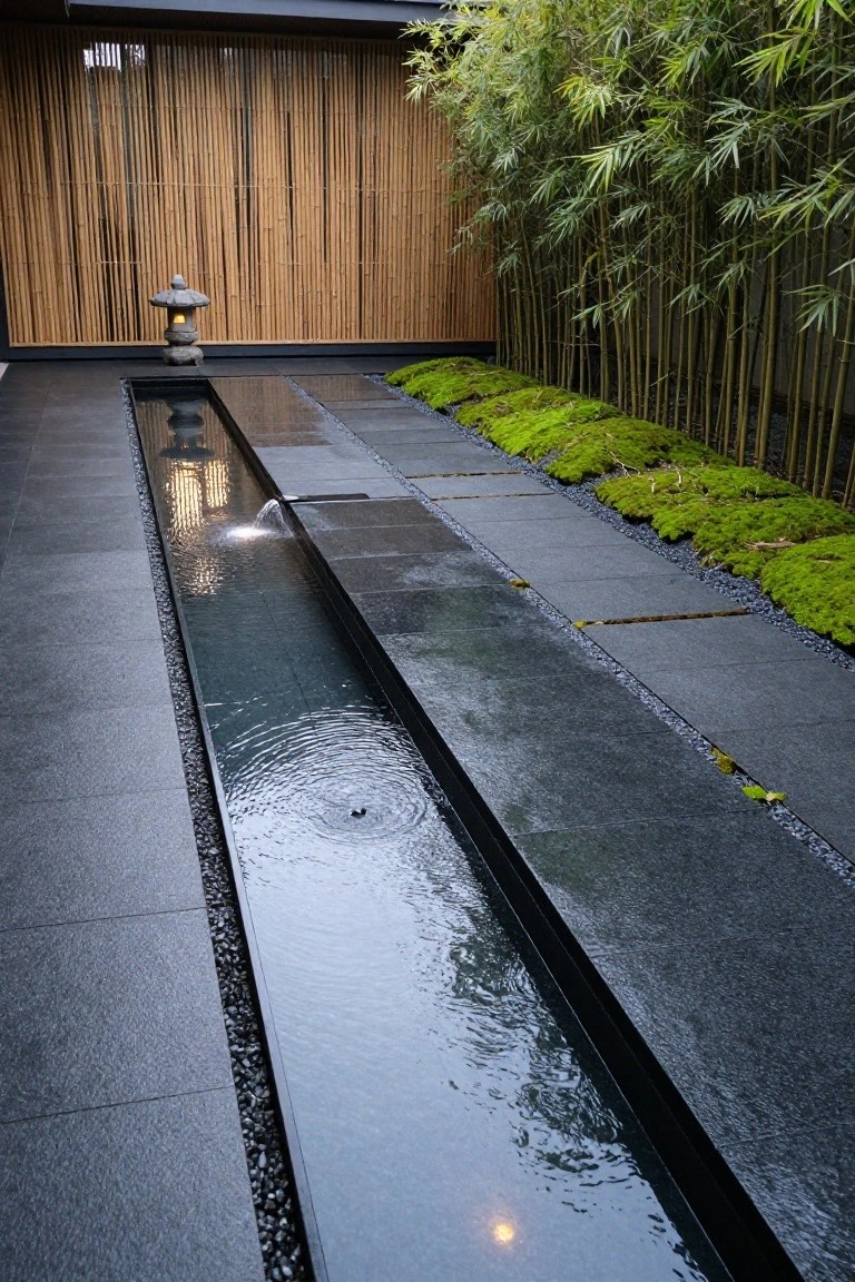 Narrow stone-lined water channel running parallel to a dark slate pathway, edged with gravel and moss ground cover, backed by bamboo fencing and a stone lantern.
