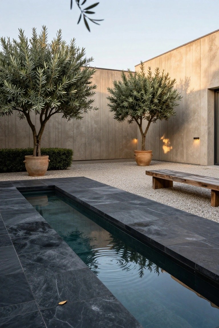 Narrow black marble pool with clear rippling water in a gravel courtyard, flanked by potted olive trees, boxwood shrubs, a wooden bench, and beige concrete walls.