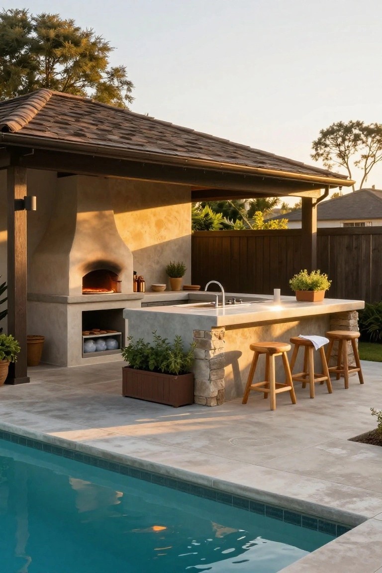 Outdoor covered kitchen area with built-in stucco pizza oven, stone countertop, sink, wooden bar stools, plants, and adjacent turquoise pool on tiled deck.