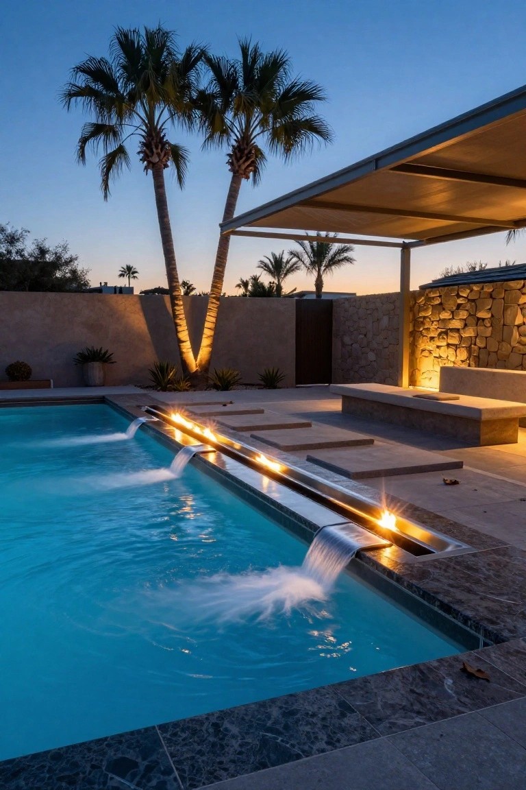 A turquoise infinity-edge pool at dusk with multiple illuminated waterfalls cascading into the water alongside linear fire features, surrounded by palm trees, stone walls, a covered seating bench, and desert landscaping.