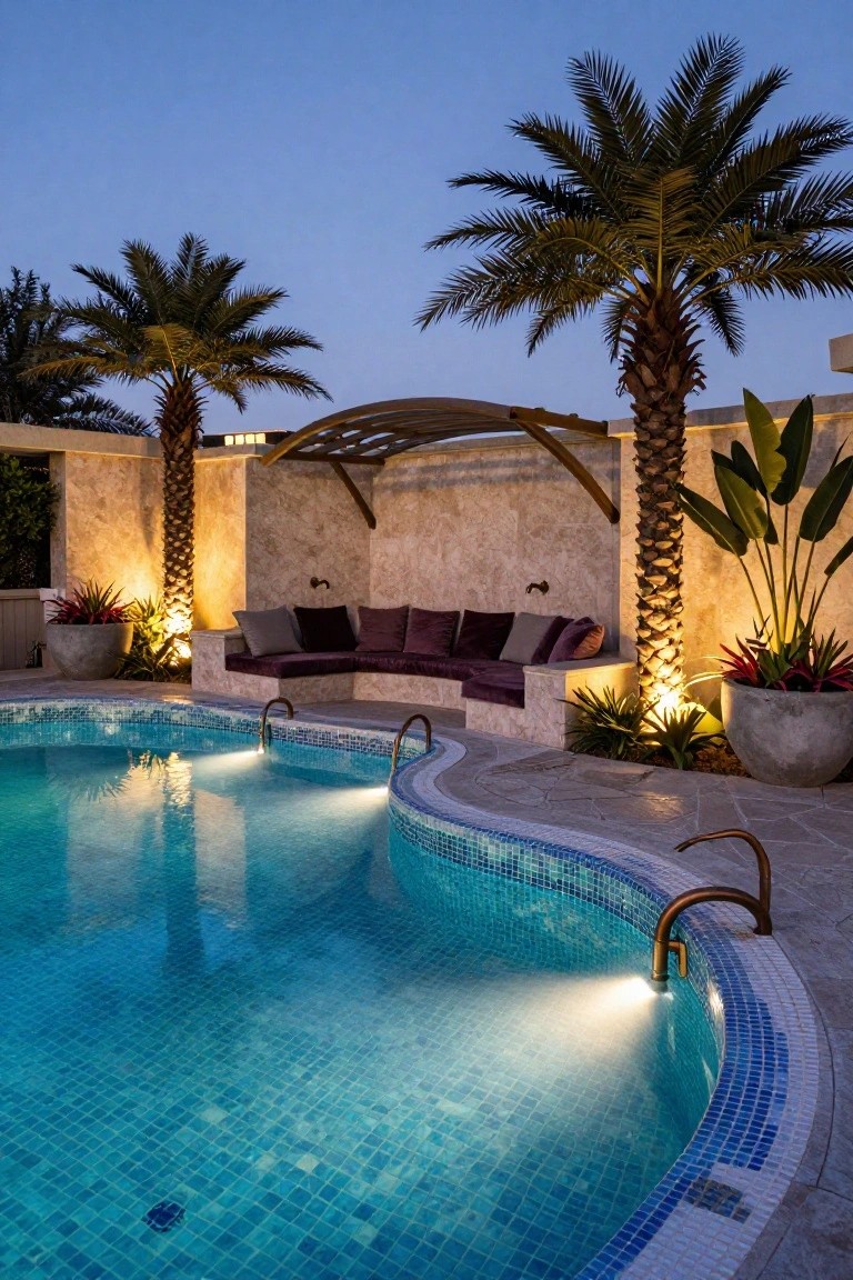Curved turquoise mosaic pool at dusk with adjacent built-in stone banquette seating in purple cushions under a wooden pergola, flanked by palm trees and lit by underwater and landscape lights.