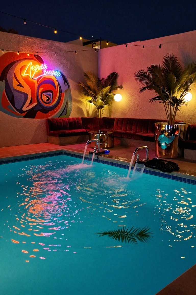 Nighttime rooftop pool with glowing neon 