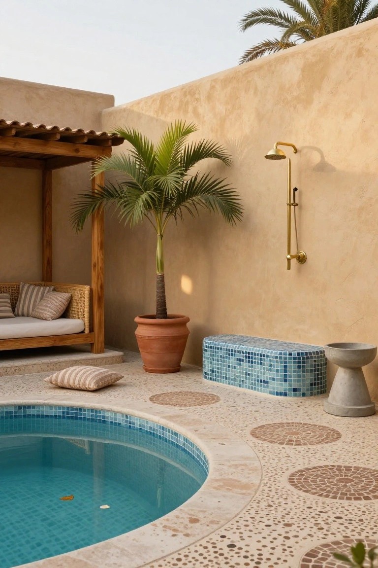 Round turquoise mosaic-tiled pool with pebble surround and decorative stone circles on the floor, adjacent gold wall-mounted outdoor shower, wooden daybed with cushions, potted palm tree, blue mosaic bench, and concrete pedestal table in an outdoor courtyard with beige stucco walls.