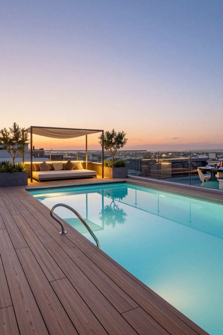 Rooftop terrace with rectangular turquoise pool, wooden decking, metal pergola draped in beige fabric shading a cushioned daybed, potted olive trees, glass railing, and city view at sunset.