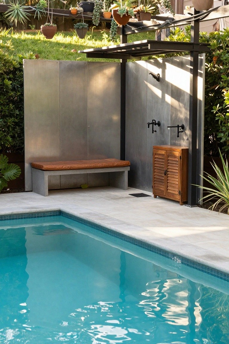 A modern outdoor shower enclosure made of gray metal panels with black fixtures, adjacent concrete bench with brown leather cushion, wooden louvered cabinet, and tropical plants beside a turquoise-tiled pool edged in white tile and concrete decking.