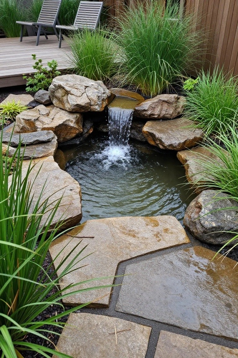 Small circular backyard pond lined with large irregular natural rocks forming a gentle waterfall, surrounded by tall ornamental grasses and stone pavers, adjacent to a wooden deck with two lounge chairs.