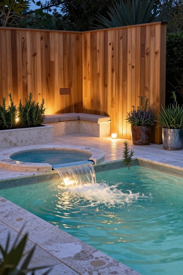 Small turquoise spa pool with illuminated waterfall flowing into adjacent pool, enclosed by cedar wood slat fence, flanked by potted plants and rosemary in stone planter, stone bench nearby, at dusk