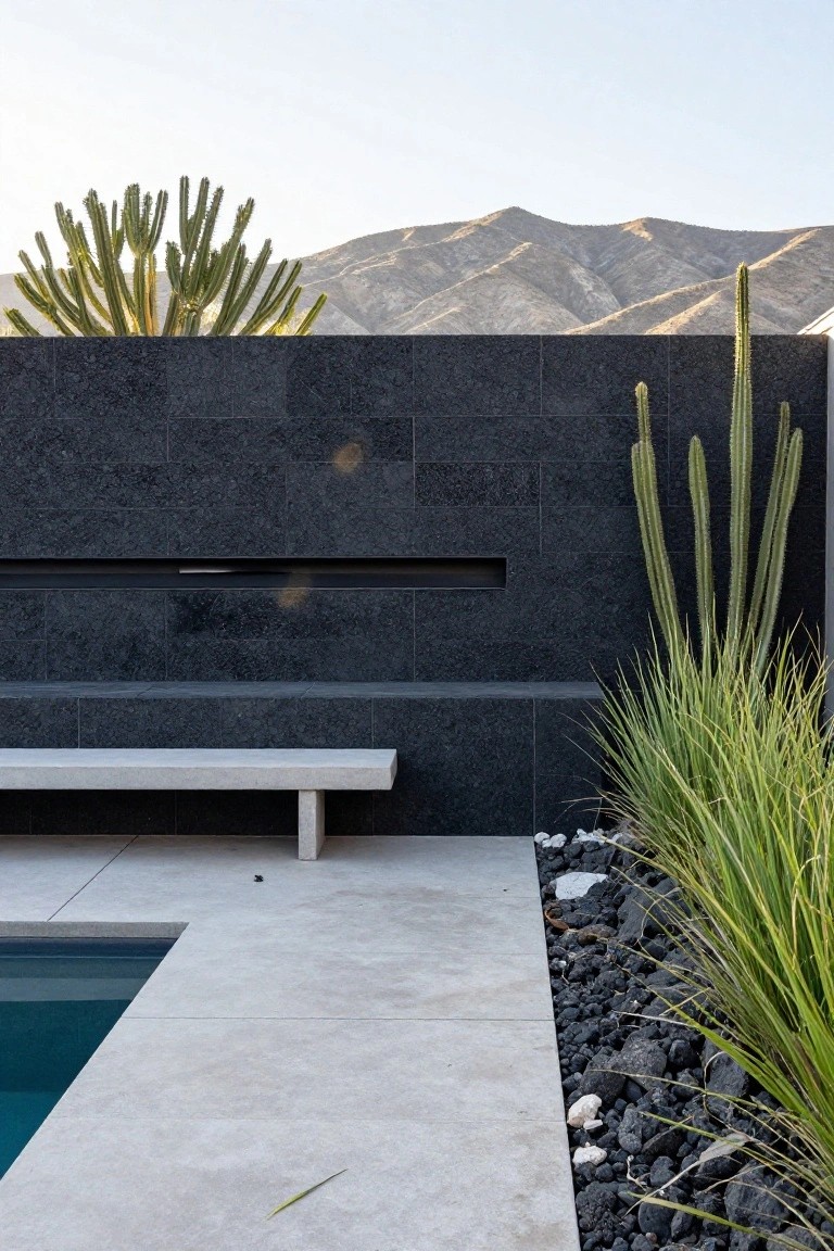 Pool deck edged by a tall black stone wall with a horizontal slit and integrated concrete bench, tall clustered cacti plants, green grasses, and black gravel mulch, blue pool water visible, desert mountains in background.