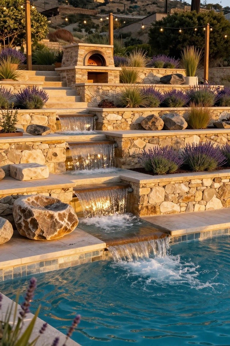 Multi-tiered stone waterfalls cascade over boulders and steps into a rectangular pool edged with lavender plants, with stone walls, grasses, and a wood-fired oven on the upper level.