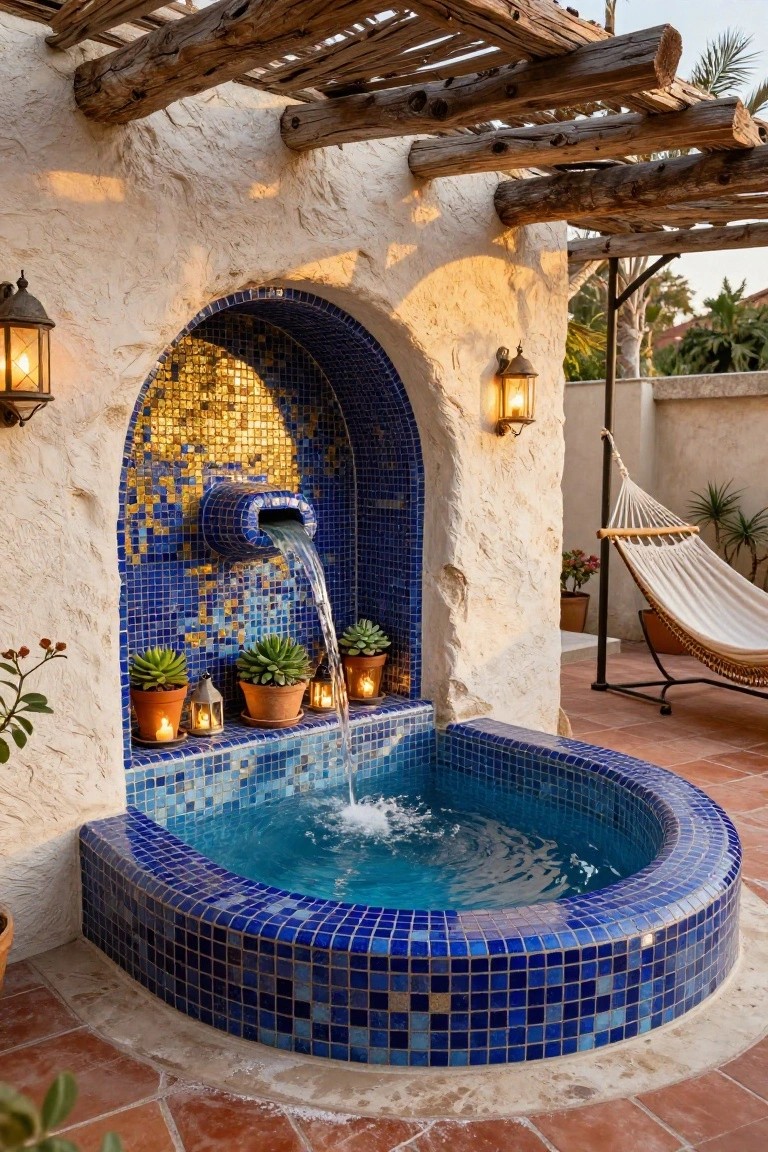 Curved blue-tiled outdoor plunge pool with water cascading from an arched blue and gold mosaic fountain wall built into white stucco, flanked by potted succulents, lanterns, and a white hammock on a red-tiled patio.