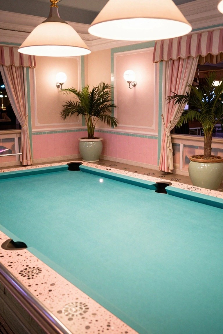 Indoor billiards room with turquoise pool table on pink tiled floor, surrounded by pastel pink walls, potted palm plants, striped curtains, and wall sconces.