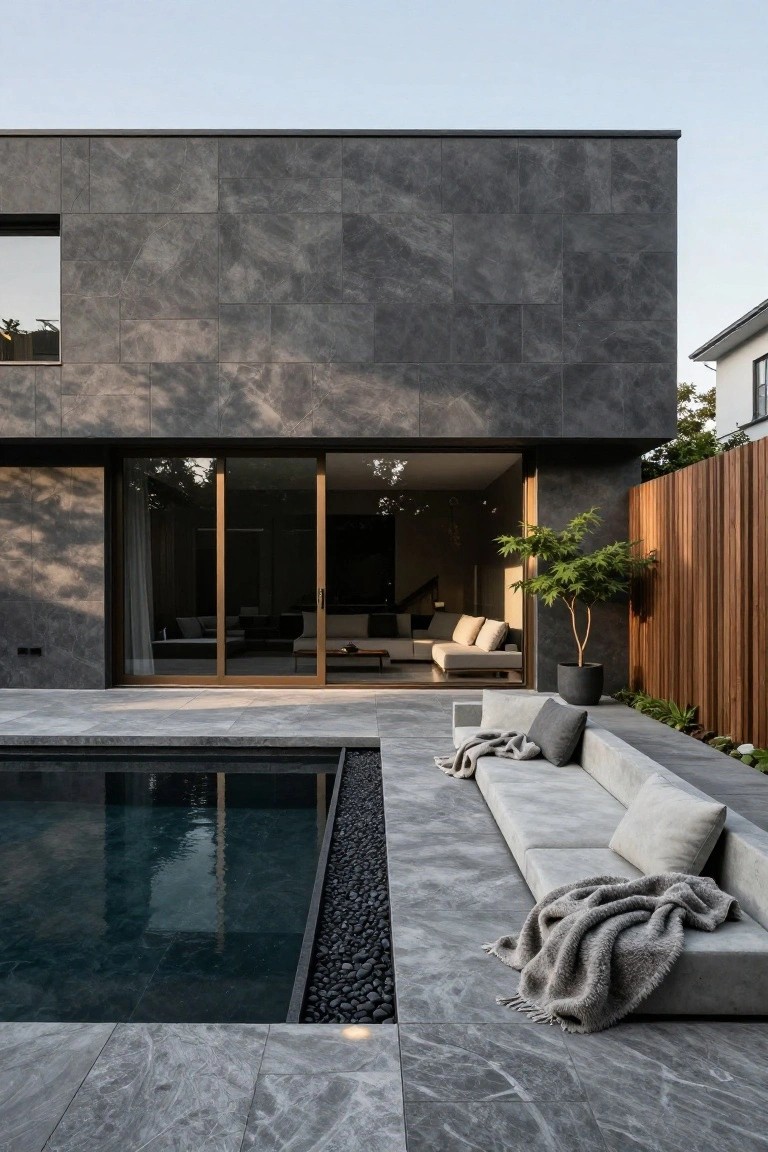 A modern infinity pool with a black pebble border, surrounded by dark grey stone tile decking, a low white L-shaped outdoor sofa with cushions and throw, sliding glass doors leading to an interior living area, and a wooden fence with plants nearby.