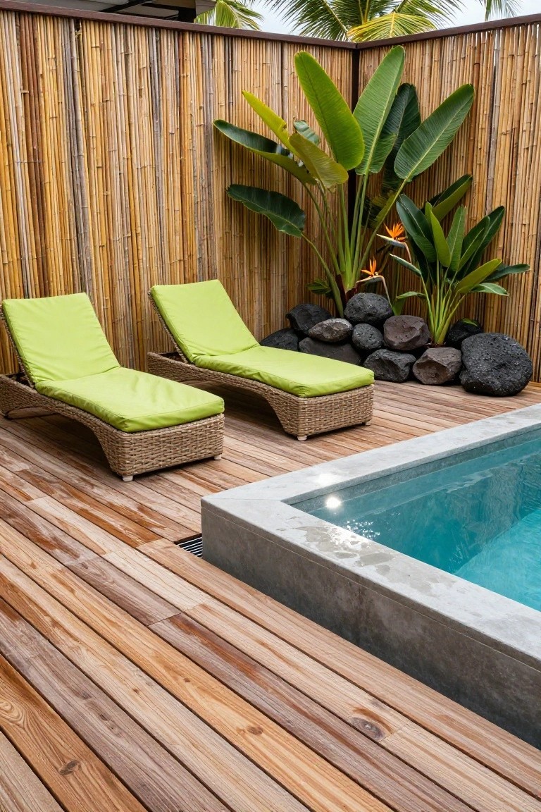 Pool deck with two green cushioned loungers positioned near a small turquoise infinity-edge pool, surrounded by tall bamboo fencing, tropical plants, orange bird-of-paradise flowers, and black lava rocks on a wooden deck.