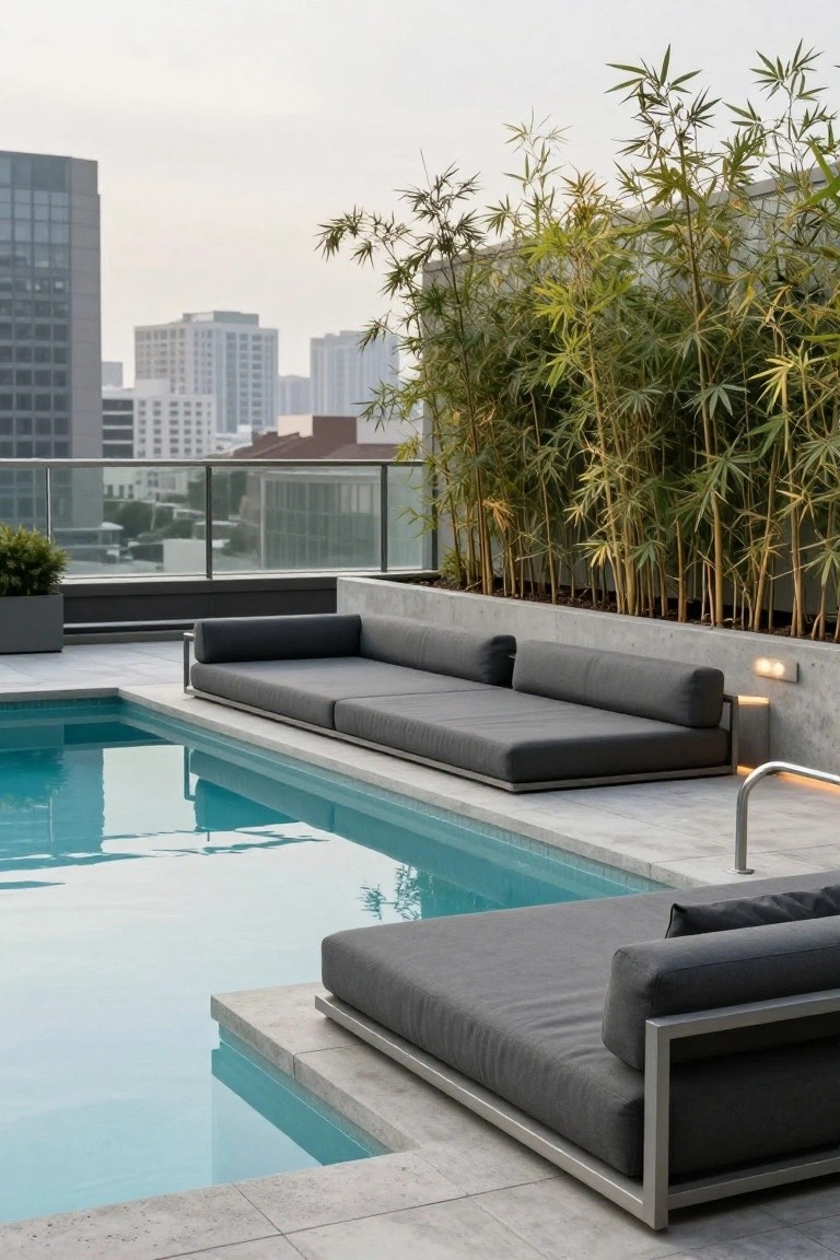 Rooftop pool deck featuring turquoise pool, gray modular loungers, tall bamboo privacy screens along the edge, concrete planters, and city buildings in the background.