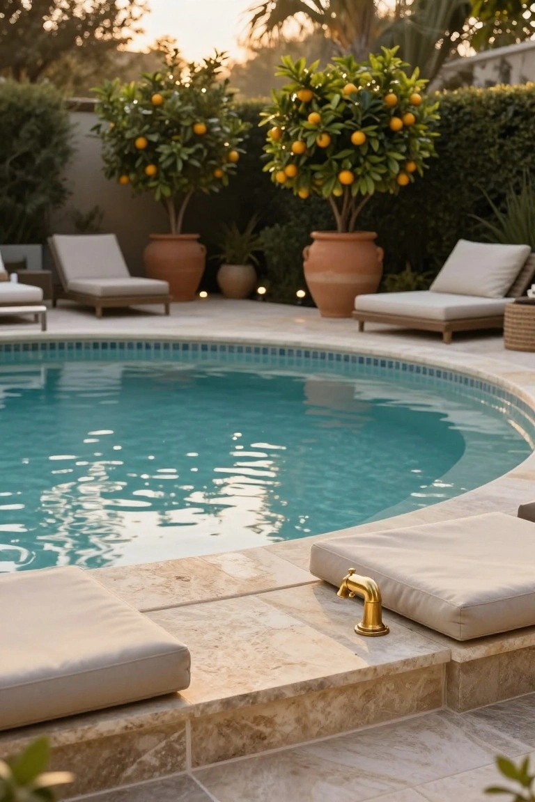 Curved turquoise pool with travertine decking, beige cushions on built-in edge benches, brass gooseneck faucet, nearby loungers, terracotta pots with orange trees, and garden hedges at sunset.