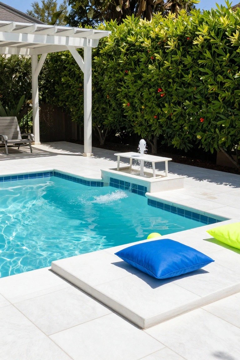 A turquoise inground pool with light white tiled decking, a small fountain feature, blue and lime green pillows on the edge, yellow pool floats in the water, white pergola, and green hedges nearby.
