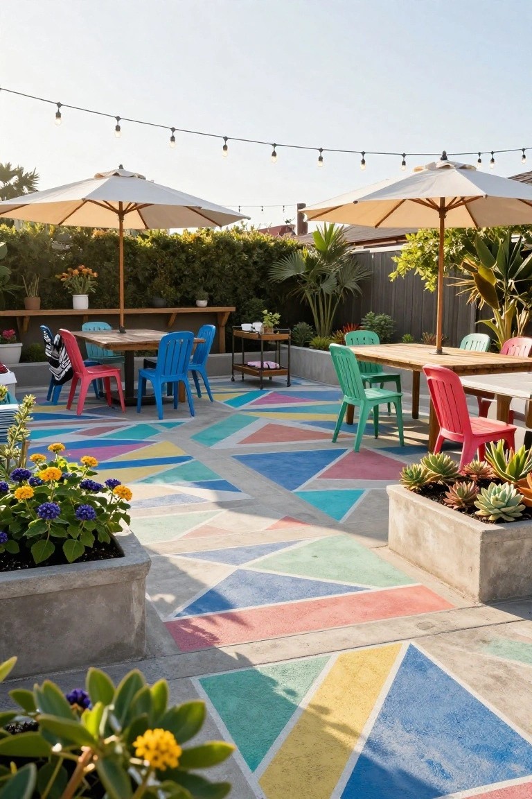Rooftop deck with concrete floor painted in multicolored geometric triangles and shapes, wooden tables, assorted colorful plastic chairs, white umbrellas, potted plants, and string lights overhead.