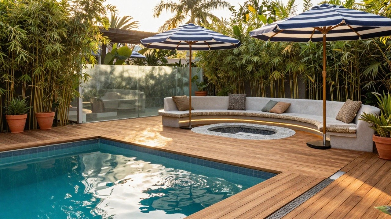 Wooden decking flush to a turquoise rectangular pool with light stone coping and perimeter drainage grate, next to a curved gray sofa with beige pillows, potted plants, tropical greenery, and blue umbrellas.
