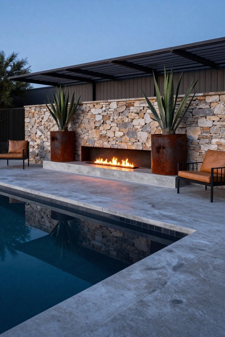 Modern outdoor patio with fire pit, pool, stone wall, and rust planters.