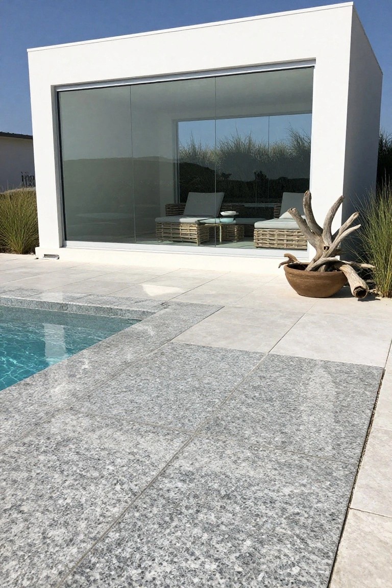 White rectangular pavilion with large glass walls containing two rattan lounge chairs, a low table, and cushions, adjacent to an in-ground pool edged with gray granite tiles on a light stone deck, with potted driftwood and tall grasses nearby.
